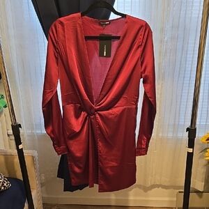 Fashion Nova Long-Sleeve Burgundy Dress with Twist Front